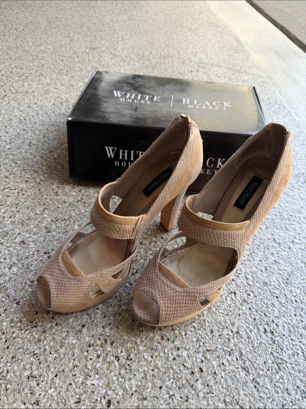 White House Black Market Nude-Tan Textured Peep-Toe Block Heels